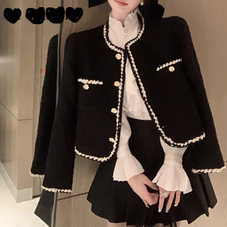 เสื้อคลุม ผ้าแจ็กการ์ด เสื้อแขนยาว สีดํา ผู้หญิง แจ็คเก็ต มีกระเป๋า คาร์ดิแกน กระดุม ด้านหน้า XXL