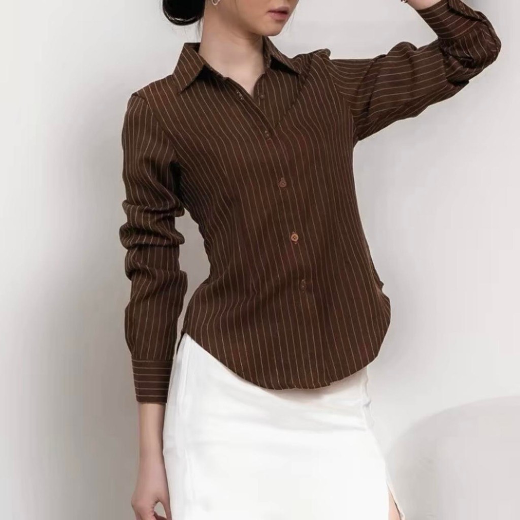 เสื้อเชิ้ตแขนยาวลายทางสำหรับผู้หญิงแบบสง่างามและมีสไตล์ ทำจากผ้าฝ้าย มีปกและกระดุมหลังเอวยางยืด สวมใส่ง่ายทุกวัน