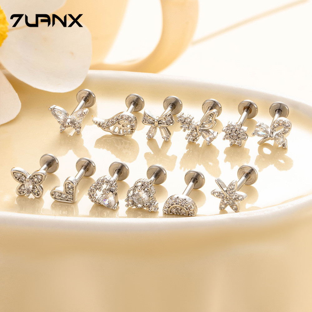 สแตนเลสLabret Lip StudฝังZirconia สำหรับเจาะหูTragus Helix Pinna ขนาด16 Gauge