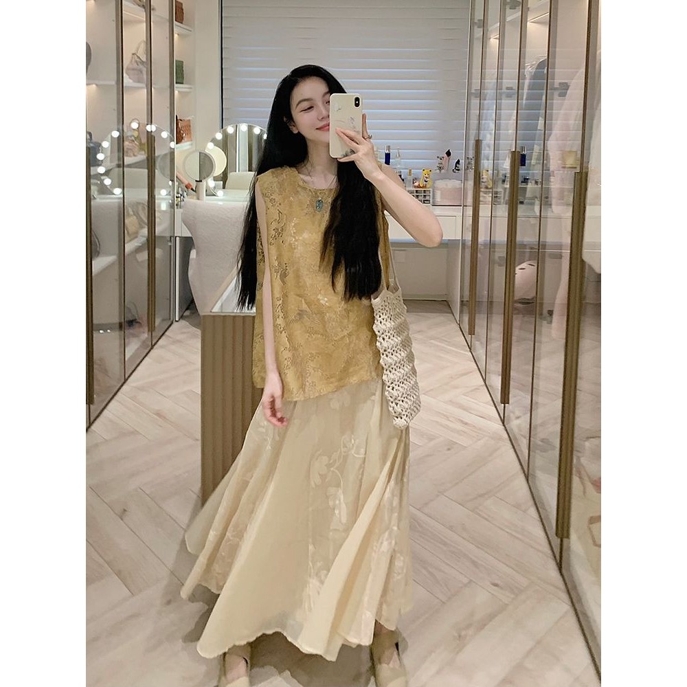 {Subi-Oder}ชุดมินิมอลสไตล์จีนใหม่สําหรับผู้หญิงเสื้อแขนกุดรัดรูปและกระโปรง