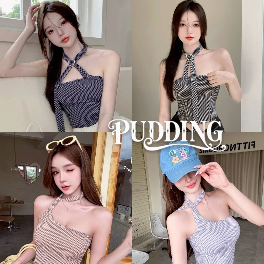 PUDDING เสื้อเกาะอก ดีไซน์เข้ารูปช่วงเอว เสริมสายคล้องคอ ลานตาราง สีพื้น เว้าหลังน่ารักๆ-FY66003
