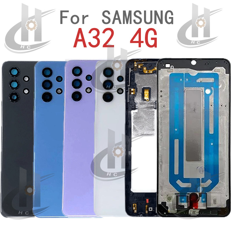 สําหรับ Samsung Galaxy A32 4G A325 แบตเตอรี่ฝาหลังกรอบกลาง + ปุ่ม + กรอบด้านหน้า LCD + เลนส์กล้อง