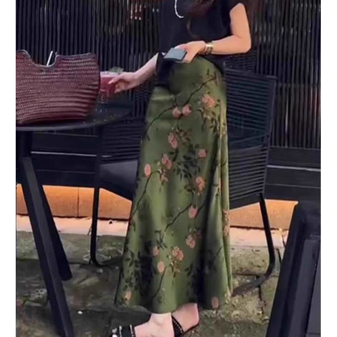 กระโปรงครึ่งตัวผ้าซาตินพิมพ์ลายหมึกสไตล์จีน ลายดอกไม้เอวสูง สไตล์ฤดูร้อน