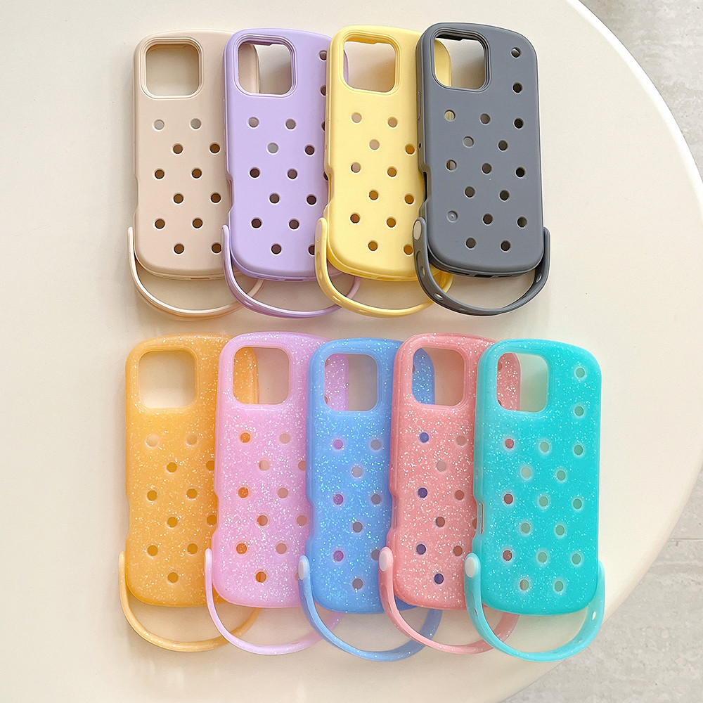 รองเท้าหลุมที่เรียบง่ายและสนุก สายรัดข้อมือเคสโทรศัพท์กลิตเตอร์เหมาะสําหรับ iPhone 16/15 Pro 14 Pro 