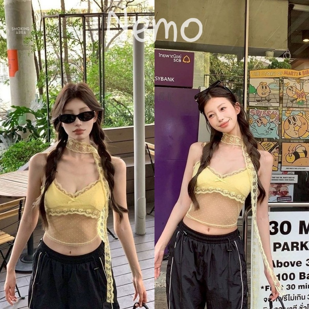 Nemo store🌸# FY2902 เสื้อกล้ามซีทรู สีเหลือง ลายลูกไม้ สาวสไตล์เกาหลีน่ารักๆ เสื้อชั้นในผู้หญิง