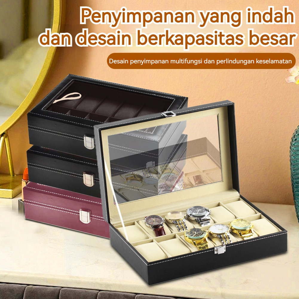 Luxury 12-Slot PU Leather Watch Storage Organizer with Secure Lock 300x210x10MM