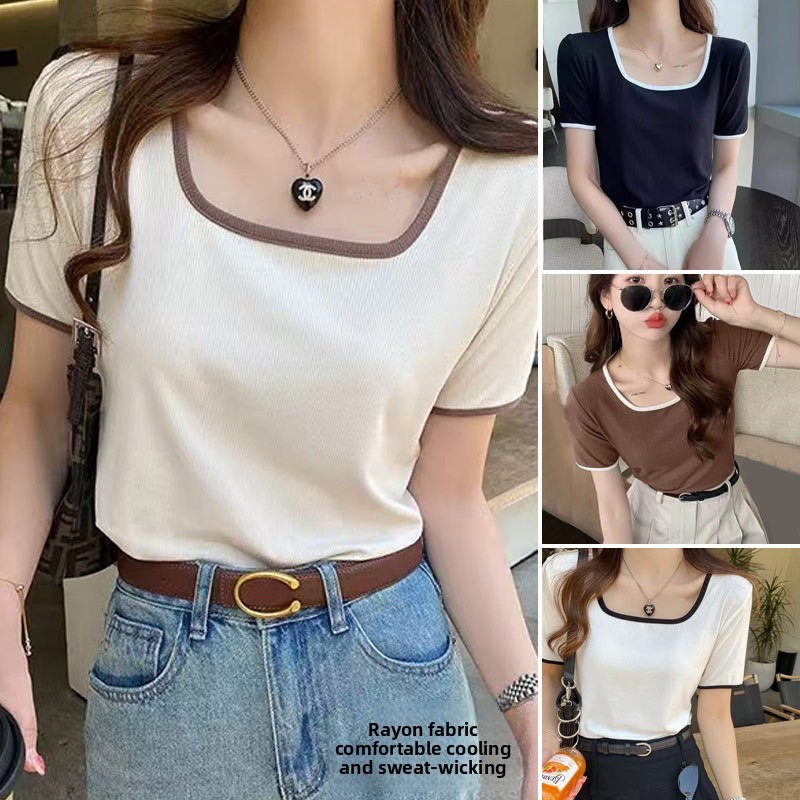 เสื้อยืดผู้หญิง แขนสั้น ทรงสแควร์คอ ไซส์ใหญ่ สำหรับฤดูร้อน