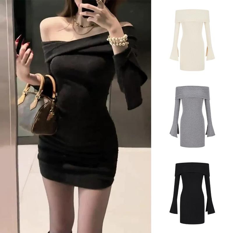 MOESSQUEEN ชุดเดรสเปิดไหล่แขนบาน สไตล์เซ็กซี่ สำหรับฤดูใบไม้ร่วงและหน้าหนาว #63191