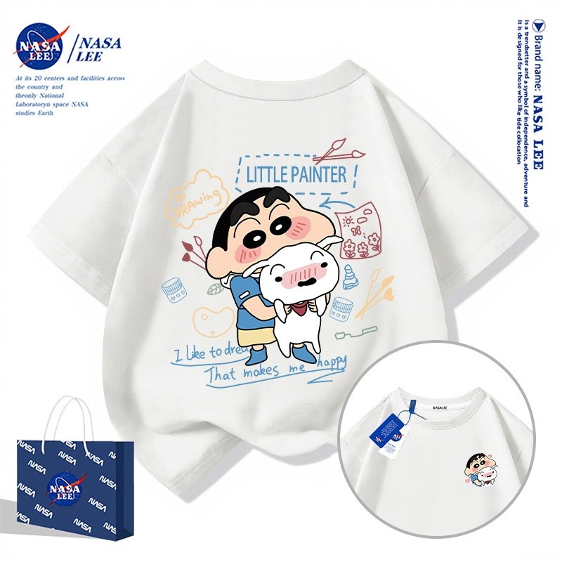 (จัดส่งตลอด 24 ชั่วโมง)KIDS TNASA เสื้อยืดแขนสั้นคอกลมสีขาวลายชินจังสำหรับเด็ก 2025 เสื้อเด็กผู้ชาย-ผู้หญิงสไตล์สปอร์ต