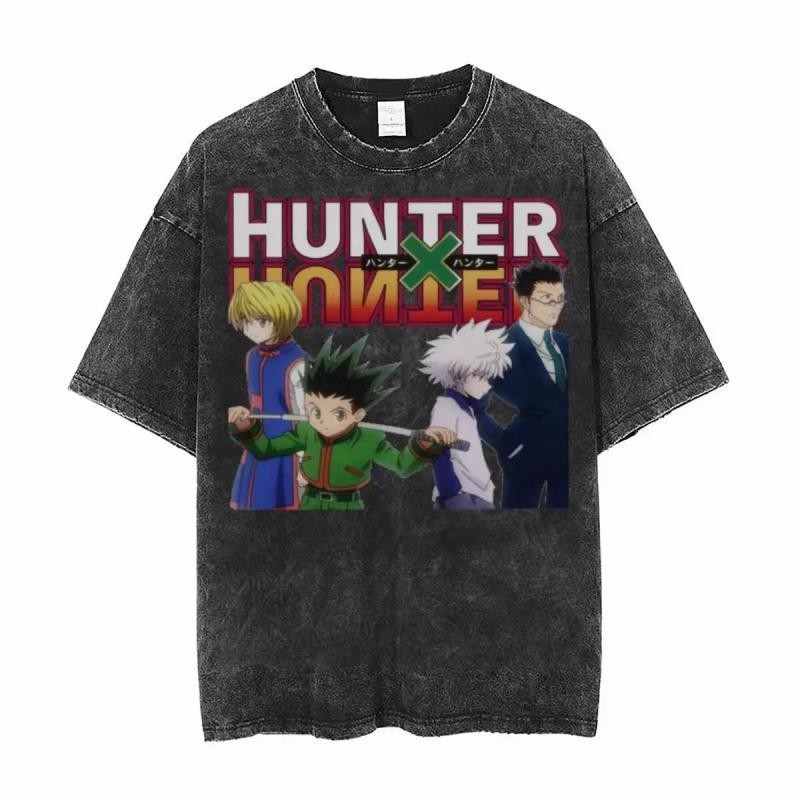 Hunter x Hunter เสื้อยืด Retro แขนสั้นสีดำ ดีไซน์ Full-Time Hunter สำหรับทั้งผู้ชายและผู้หญิงในฤดูร้อน