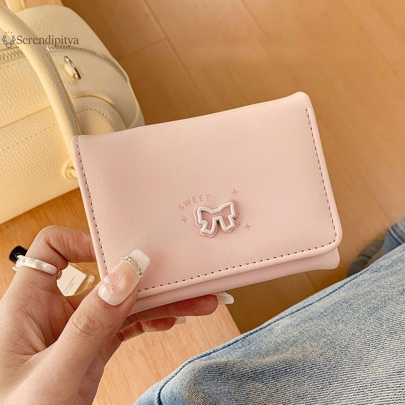 กระเป๋าสตางค์ผู้หญิง ใบสั้น สไตล์เกาหลี ประดับโบว์ ใส่บัตร ใส่เหรียญ