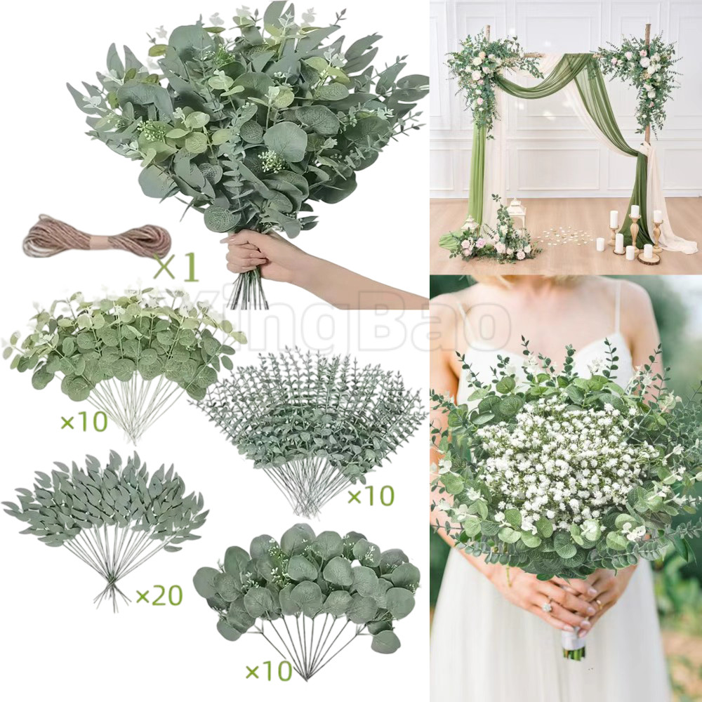 51 ชิ้น/เซ็ตประดิษฐ์ Eucalyptus Leaf Bouquet, 6 ชนิด Everlasting พืช, Faux Greenery Stems สเปรย์สําหรับ DIY การจัดดอกไม้ตกแต่งบ้านงานแต่งงาน