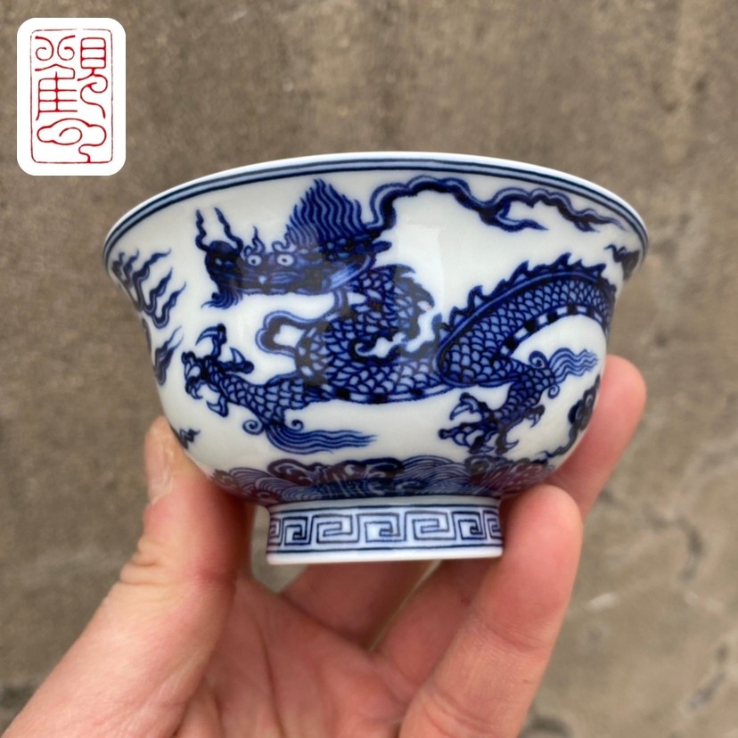 [Guanyun] Jingdezhen High-End Blue White Dragon Pattern Master Cup Single Ceramic Hand Cup Antique Kung Fu ชุดชาถ้วยเดียวถ้วยชา [HF001]