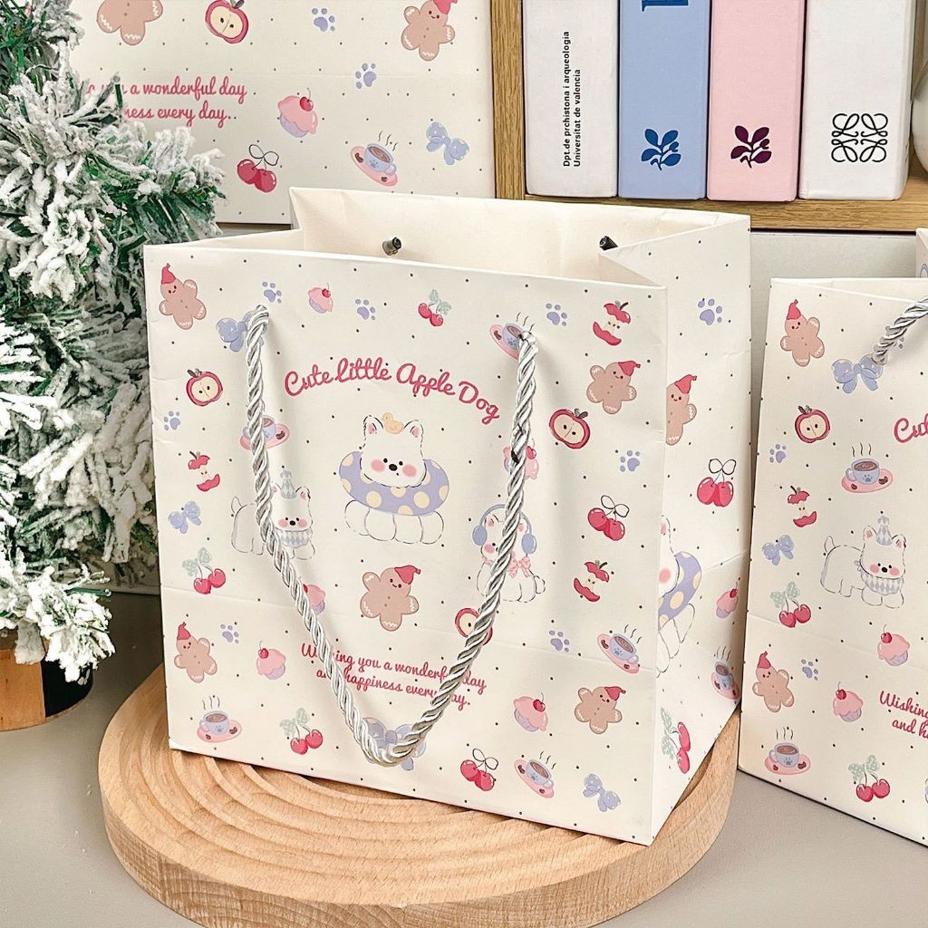 ถุงของขวัญลายสุนัขน่ารักพร้อมแอปเปิ้ล 3ไซส์ สไตล์เกาหลี ของขวัญวันเกิดผู้หญิง ของชำร่วยงานแต่ง ใส่อาหารแห้ง กระดาษแข็งทน - รูปที่ 3