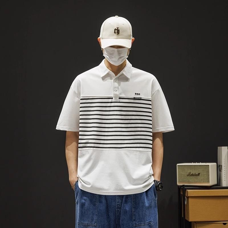 ⚡ProMan⚡เสื้อโปโลลายผู้ชาย  ปก  เสื้อยืดลำลอง  สีต่อ  แบบหลวม