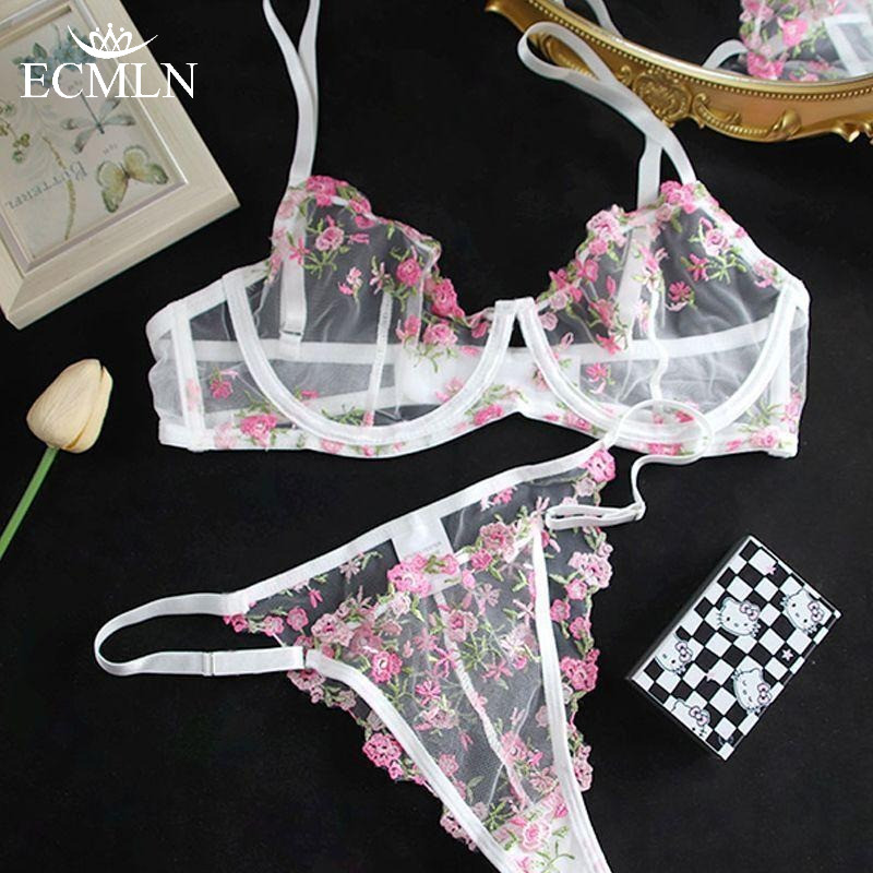 ECMLN ชุดชั้นในผู้หญิง ลายดอกไม้หวาน ตาข่ายโปร่งใส บราแบบโครงเหล็กบางพิเศษ