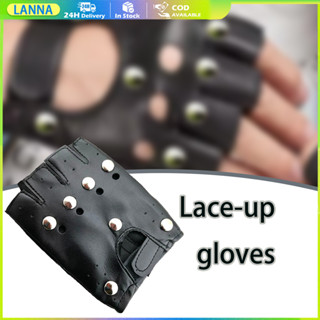 ร้านอยู่ที่ไทย 1คู่ ถุงมือหนังครึ่งนิ้ว ประดับหมุด ถุงมือเปิ…