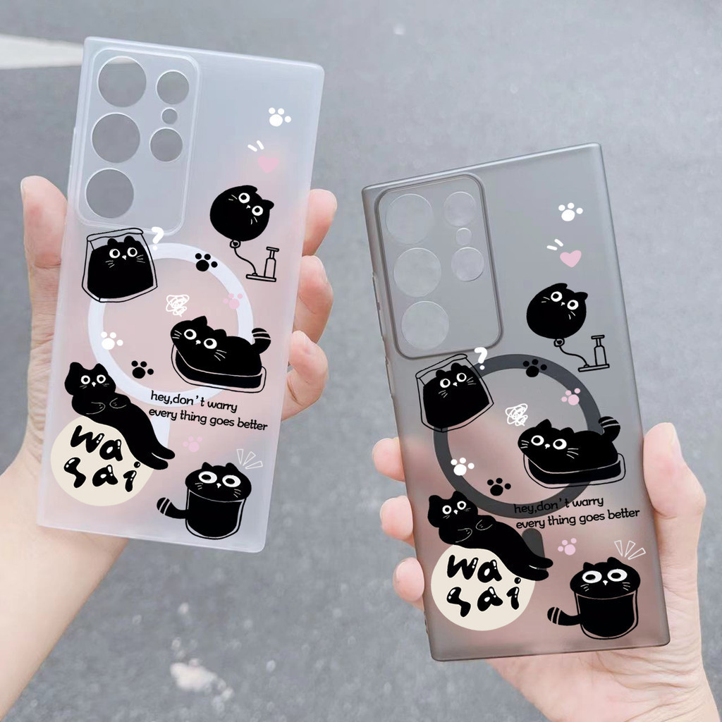 SAMSUNG แมวดําปลอกน่ารักสําหรับsamsung s22 s22plus ultra Case Girly S23 S23Plus s24 s24plus S24ultraกระเป๋าสตางค์ปกหลัง