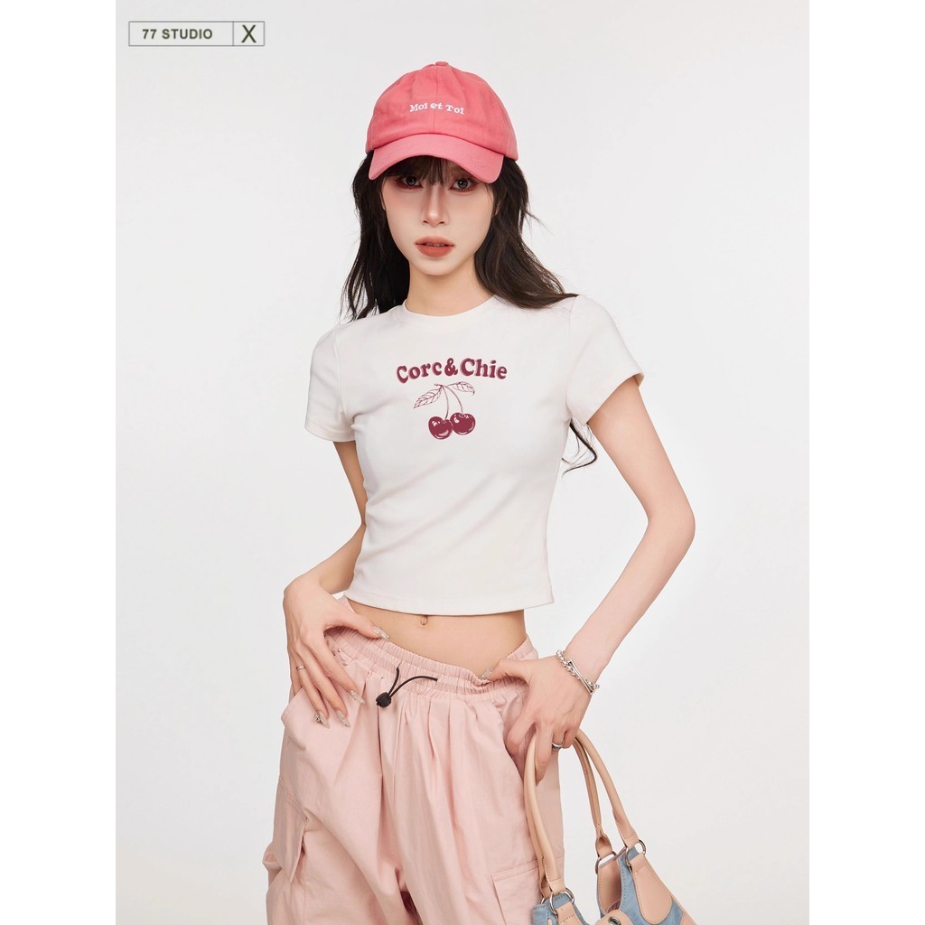 พร้อมส่ง เสื้อครอป ผ้า cotton100% Teeสวมใส่สบาย ลายเชอร์รี่ พิเศษมาก แขนสั้นคอกลม เสื้อผ้าผู้หญิง