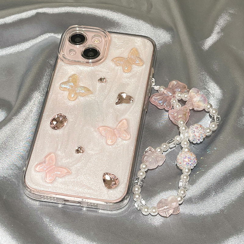 3d กาวหยดเพชรผีเสื้อสร้อยข้อมือเคสโทรศัพท์สําหรับ iPhone 17Pro Max 17 Air 16 15 14 13 12 11 Pro Max X XR XS Max อะคริลิคกลับนุ่มกันกระแทก