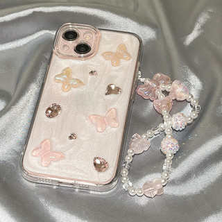 3d กาวหยดเพชรผีเสื้อสร้อยข้อมือเคสโทรศัพท์สําหรับ iPhone 17Pro Max 17 Air 16 15 14 13 12 11 Pro Max X XR XS Max อะคริลิคกลับนุ่มกันกระแทก