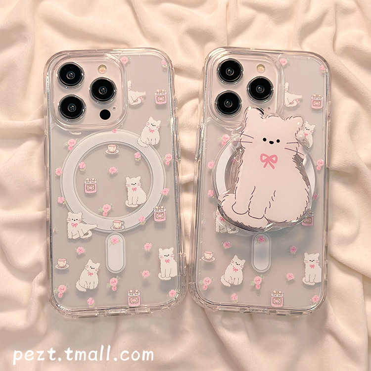 Huiwanju สีชมพูน่ารักการ์ตูนแมววงเล็บดูดแม่เหล็กเหมาะสําหรับ iPhone14 โทรศัพท์มือถือกรณีโปร่งใส iphone15promax ใหม่ 13pro ป้องกันการตก 12 ซิลิโคน 14pro สาวหัวใจ 11 13