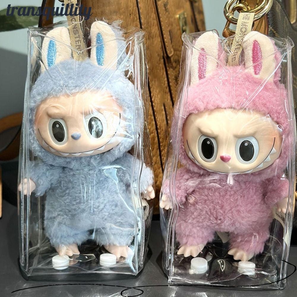 Transquillity Labubu กระเป๋ากลางแจ้ง,โปร่งใส PVC ตุ๊กตาแสดงกระเป๋า,แฟชั่น 17 ซม.ปุ่มสแน็ปพวงกุญแจตุ๊กตากระเป๋าเก็บของขวัญ