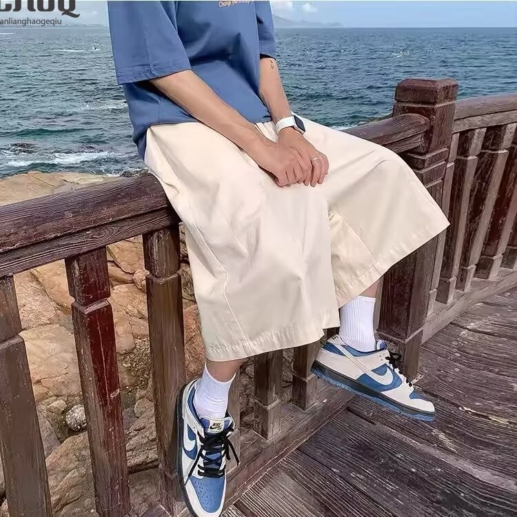 กางเกงขาสั้นทํางานลําลองขากว้างย้อนยุคอเมริกันสําหรับผู้ชาย กางเกงขากว้างทรงหลวมเอวสูงกระชับสัดส่วน