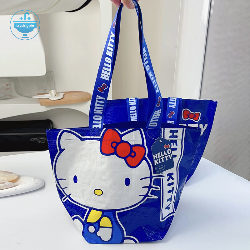 [trysingoin] Super Kawaii Blue Kittys พิมพ์ช้อปปิ้งกระเป๋าไนลอนเป็นมิตรกับสิ่งแวดล้อมกระเป๋าทอมือหนึ่งไหล่น่ารักและทนทานกระเป๋า TH