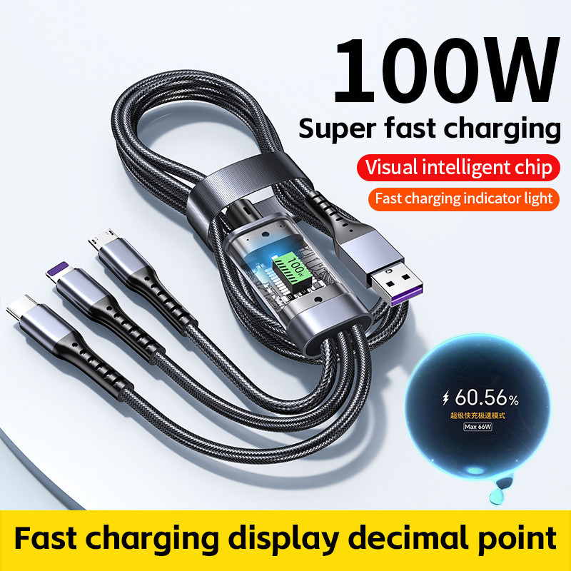 3 in 1 100W 6A Type C สายชาร์จเร็วสุด - 1.2 ม. พอร์ต Usb หลายตัวไนลอนถักสายเคเบิลข้อมูลสากล