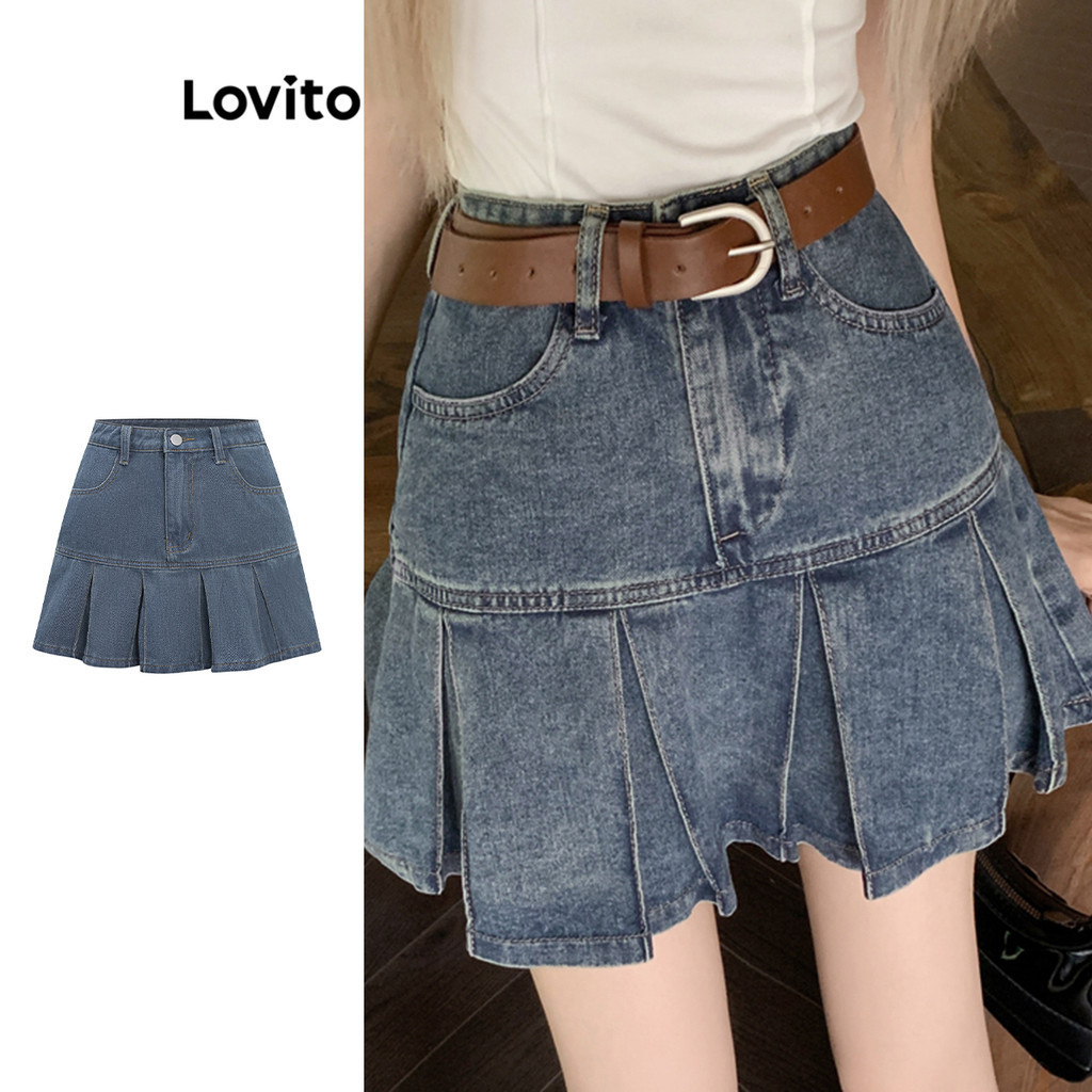 Lovito กระโปรงยีนส์ผู้หญิง แต่งจีบ ผ้าฟอก สีพื้น สไตล์คลาสซี่ L94AD152