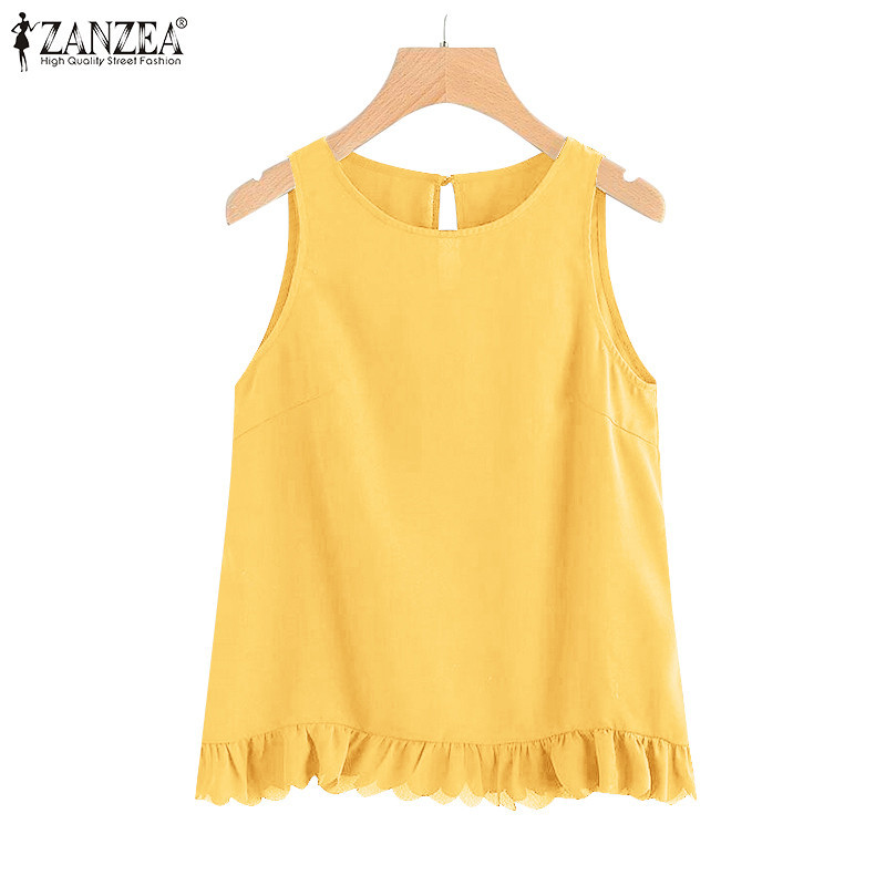 Zanzea ผู้หญิงเกาหลีลําลองคอกลมสีทึบแขนกุด Ruffle Hem Tanks