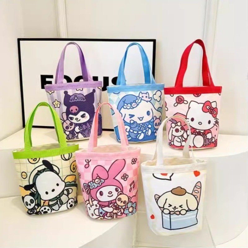 Kawaii Sanrio Kuromi My Melody Cinnamoroll กระเป๋าผ้าใบผู้หญิงการ์ตูนหนึ่งไหล่กระเป๋าขนาดใหญ่ความจุกระเป๋าถือของขวัญ