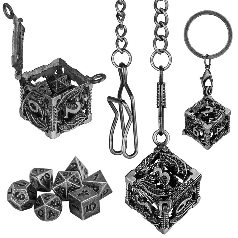 Tiny 7pcs Polyhedral Metal D&D Dice Set with Portable Keychain Hollow D6 Metal Case Necklace Pendant
