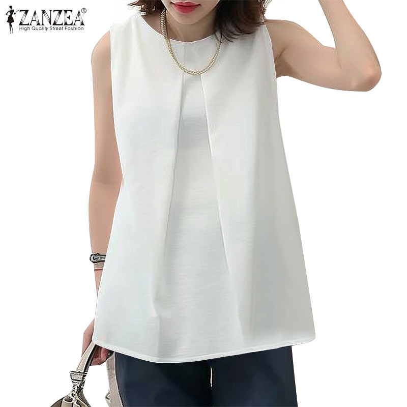 ZANZEA ซานเซีย ผู้หญิงเกาหลีลําลองคอกลมแขนกุดจีบถังหลวม