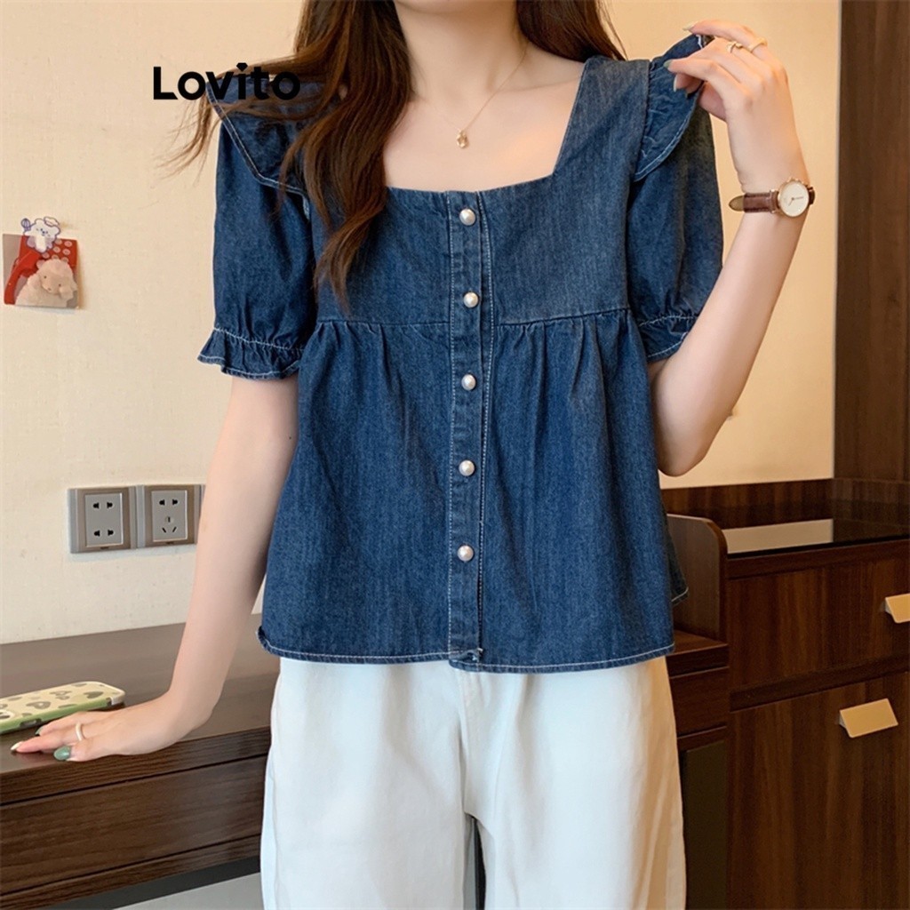 Lovito เสื้อยีน มีกระดุมด้านหน้า ลำลอง สำหรับผู้หญิง LNE22026 (สีน้ำเงิน)