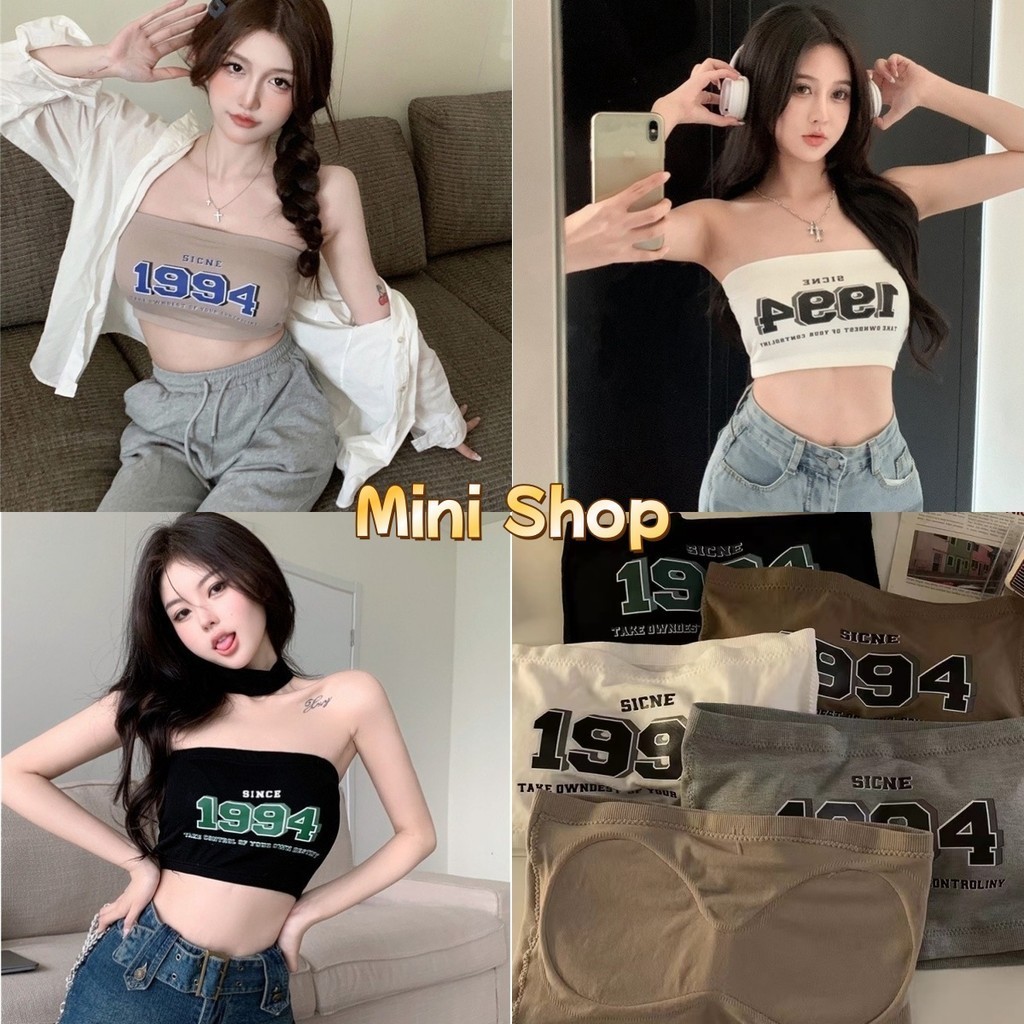 Mini shop พร้อมส่ง (FY1994) เสื้อเกาะอกมีฟองน้ำในตัว ผ้ายืด ลายวินเทจ y2k ผ้านิ่ม ใส่สบาย