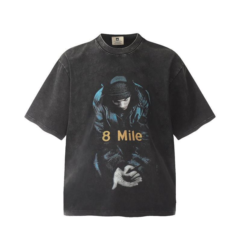 Eminem Eminem 8mile Eight Mile Limited Retro Washed Distressed เสื้อยืดแขนสั้น FZSR