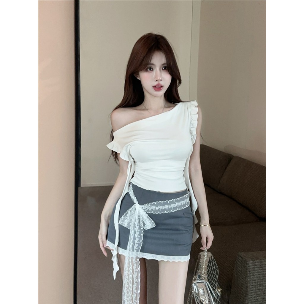 Real Shot ราคาจริง--Miss Sister Lace Holiday One-Shoulder Ruffled Ribbon Top Skirt