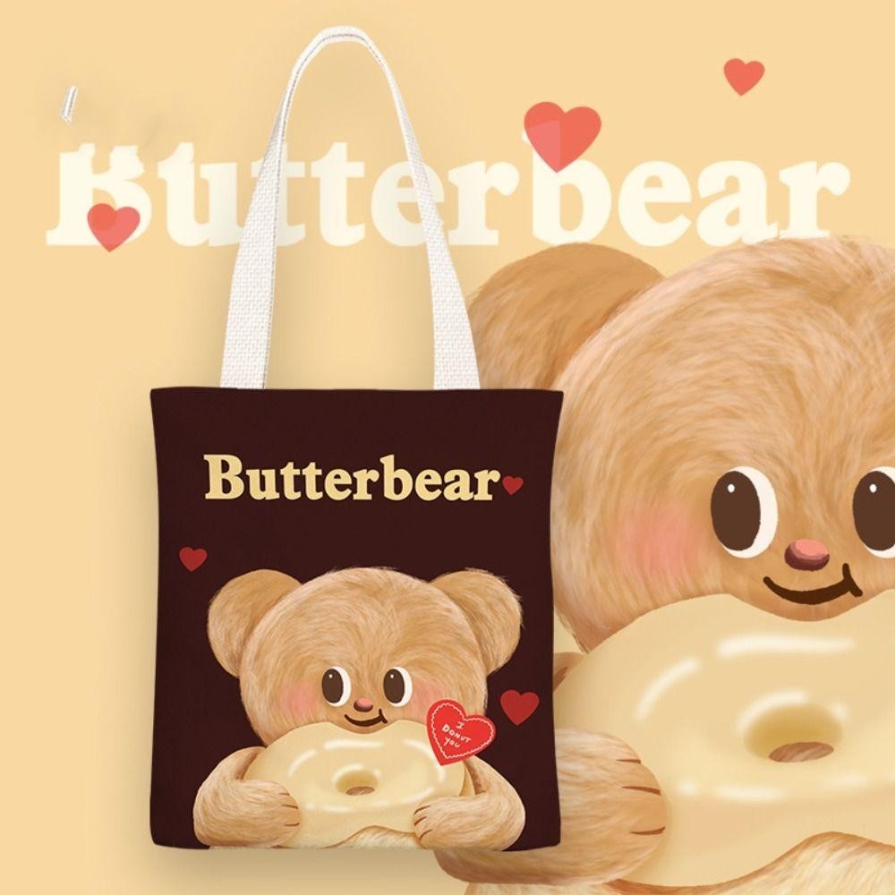 กระเป๋าผ้าแคนวาส REAYA Butter Bear, กระเป๋าสะพายหมีเนยเรียบง่ายการ์ตูน, กระเป๋าโท้ทความจุขนาดใหญ่แบบพกพาผู้หญิง