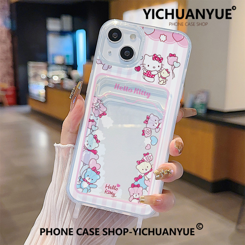 YICHUANYUE-โปร่งใส ซองการ์ด เคส แมวเคธี สำหรับ เคสไอโฟน11 13 15 14 12 Pro Max 15 14 7 8 Plus X XR XS MAX Cute Case