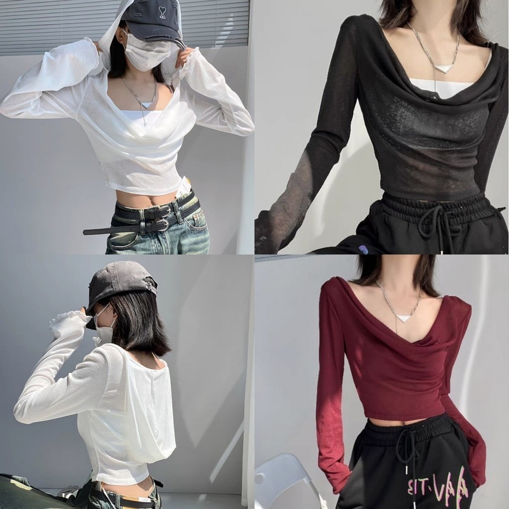 Firewire พร้อมส่ง วัสดุบางเบา แขนยาว ซีทรูเล็กน้อย สีทึบ เสื้อมีฮู้ดผู้หญิง "V078"