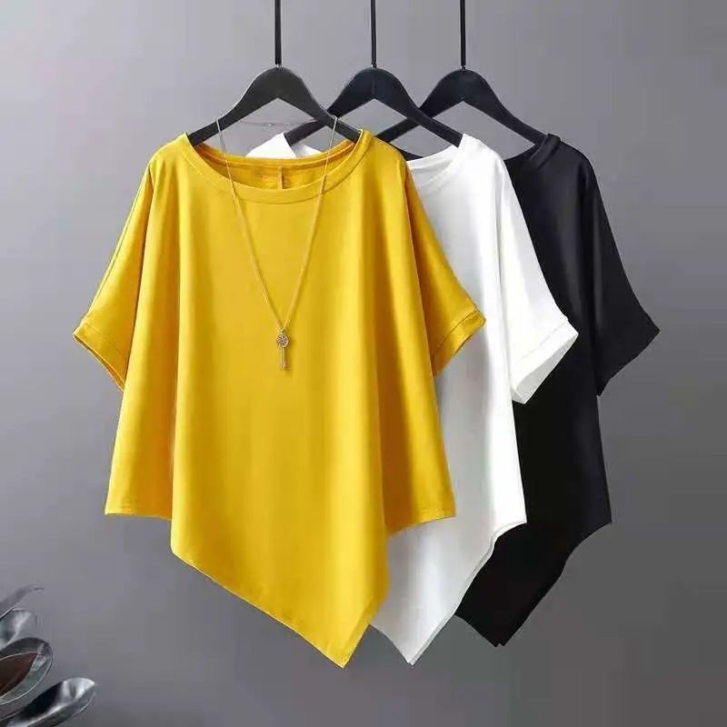 เสื้อยืดโอเวอร์ไซส์(40-150กก.) สไตล์เกาหลีไม่สม่ําเสมอผู้หญิงธรรมดาท็อปส์ขนาดบวกแฟชั่นหลวมเสื้อยืด