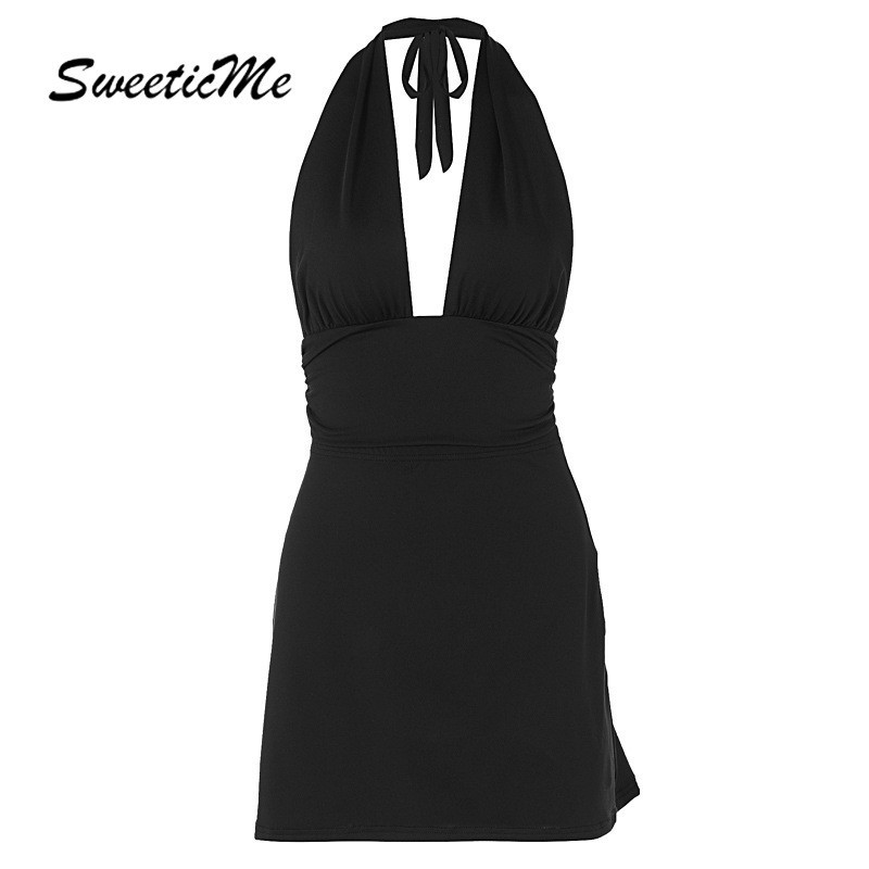 Sweeticme ผู้หญิง 2024 ใหม่แฟชั่นสีทึบคอวีลึกเปลือยชุดกระโปรงสั้นเชือกแขวนคอ