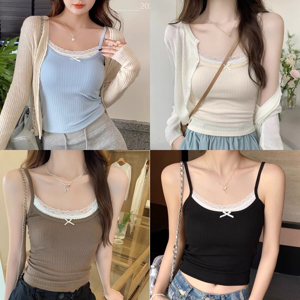🧁Soroh🧁เสื้อสายเดี่ยว สองชั้น มีฟองน้ำ ลูกไม้ แต่งโบว์ ผ้ายืด🍨เสื้อกล้าม หลากสี น่ารักๆ แฟชั่นฤดูร้อน🍭#FY2109-P