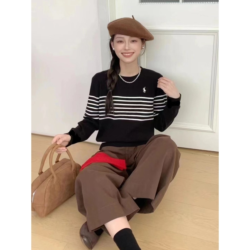 เสื้อตัวในถักแขนยาวปักลายด้านในคอกลมอารมณ์เก๋ไก๋สำหรับต้นฤดูใบไม้ร่วง