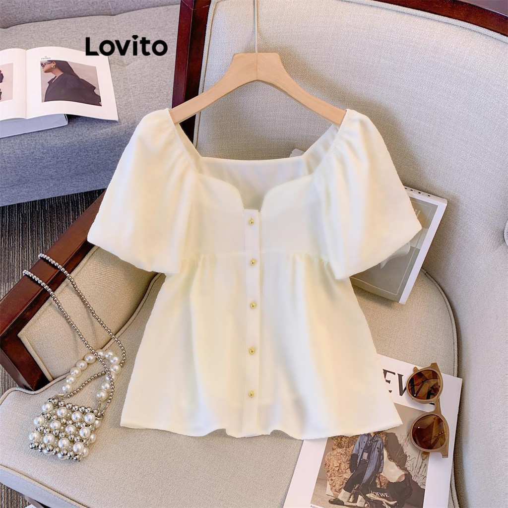 Lovito เสื้อเบลาส์ผู้หญิง มีกระดุม สีพื้น สไตล์ลำลอง LNE60246