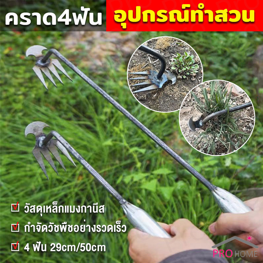 Prohome คราดเก็บหญ้า แบบ mini อุปกรณ์ทำสวน  คราดเหล็ก หัวคู่จอบขุดดิน 4 ฟัน  ขุดหญ้า ขุดดิน rake