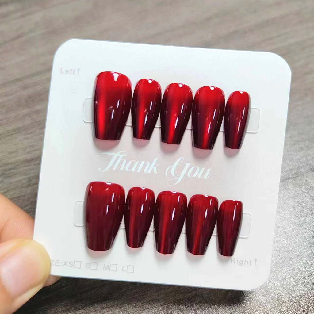 10pcs Cat Eye Handmade กดบนเล็บเล็บปลอมพร้อมสติกเกอร์กาว M135