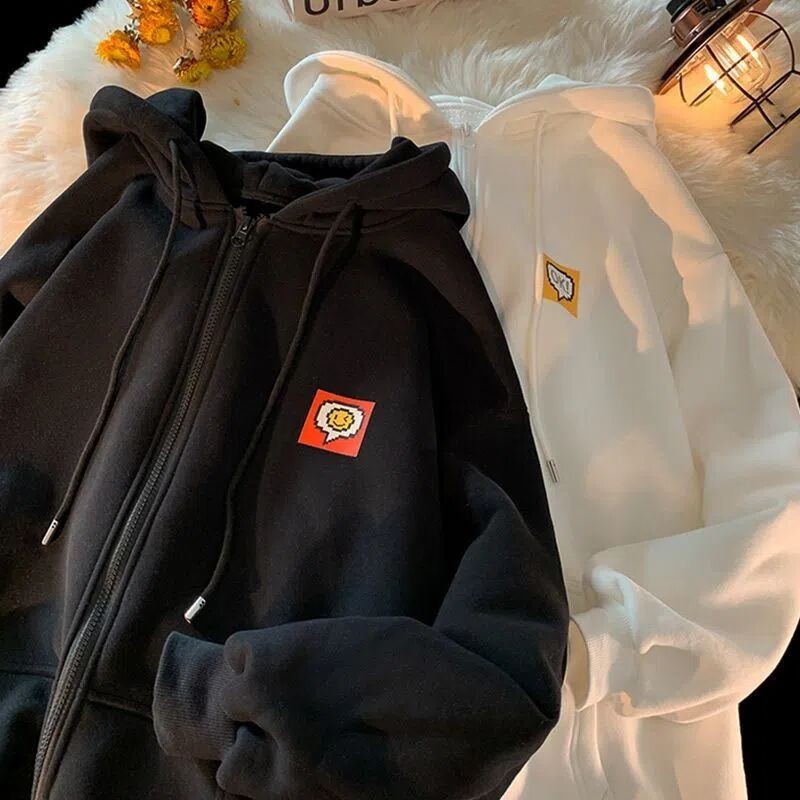 Unisex Smile Face เสื้อแจ็คเก็ตแขนยาวผู้หญิงหลวมซิป Hooded Cardigan
